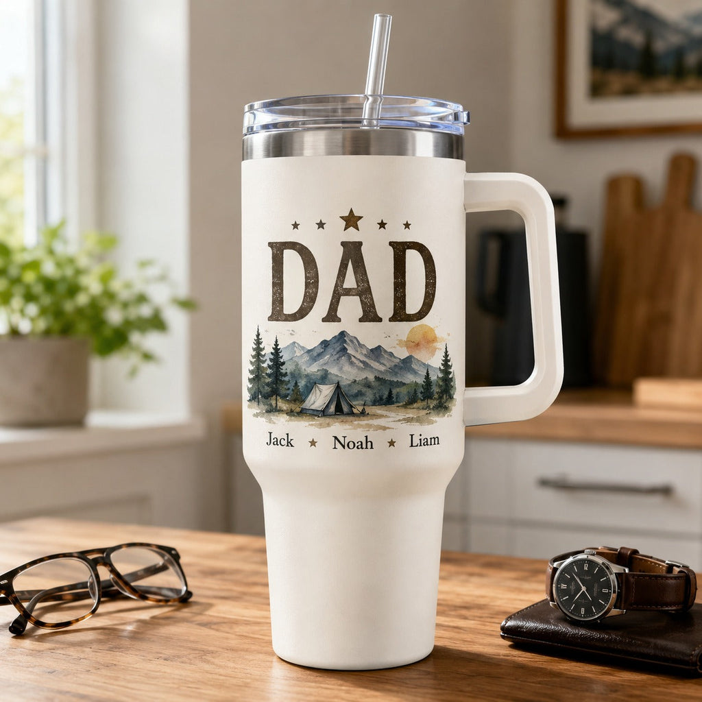 Personalized tumbler for Dad with family names and heartfelt design
