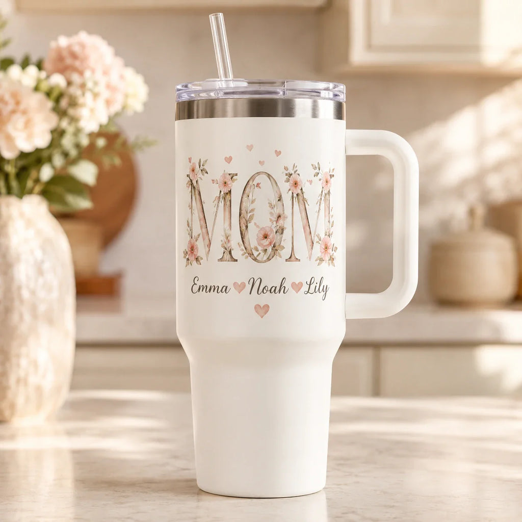 Personalized tumbler for Mom with family names and heartfelt design