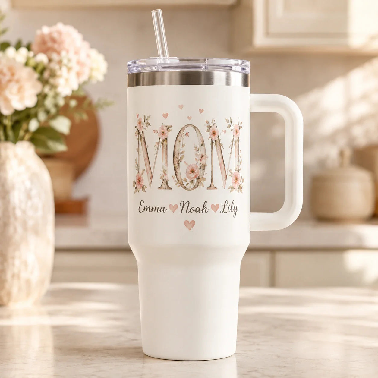 Personalized tumbler for Mom with family names and heartfelt design
