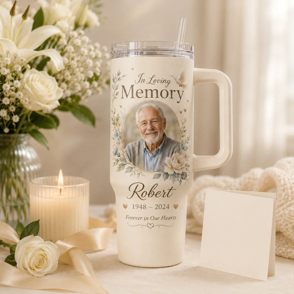 Memorial tumbler gift with photo, name, and meaningful date