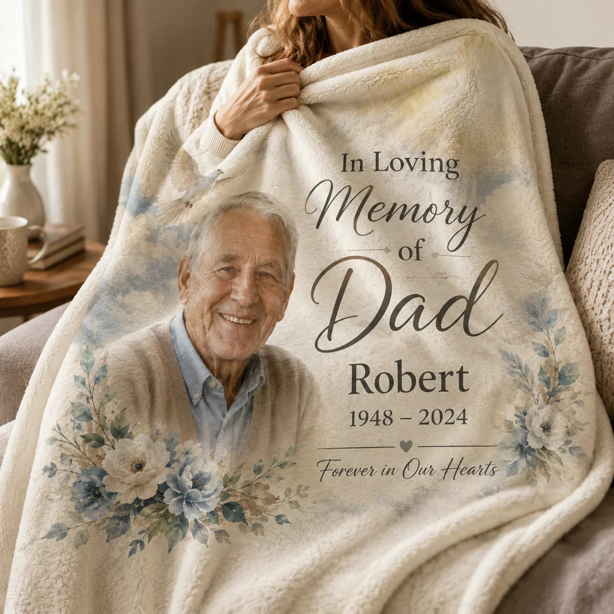 Personalized dad memorial blanket with photo, name, and date