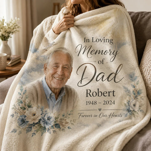 Personalized dad memorial blanket with photo, name, and date