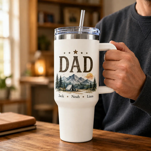 Custom dad tumbler featuring children’s names for a meaningful gift