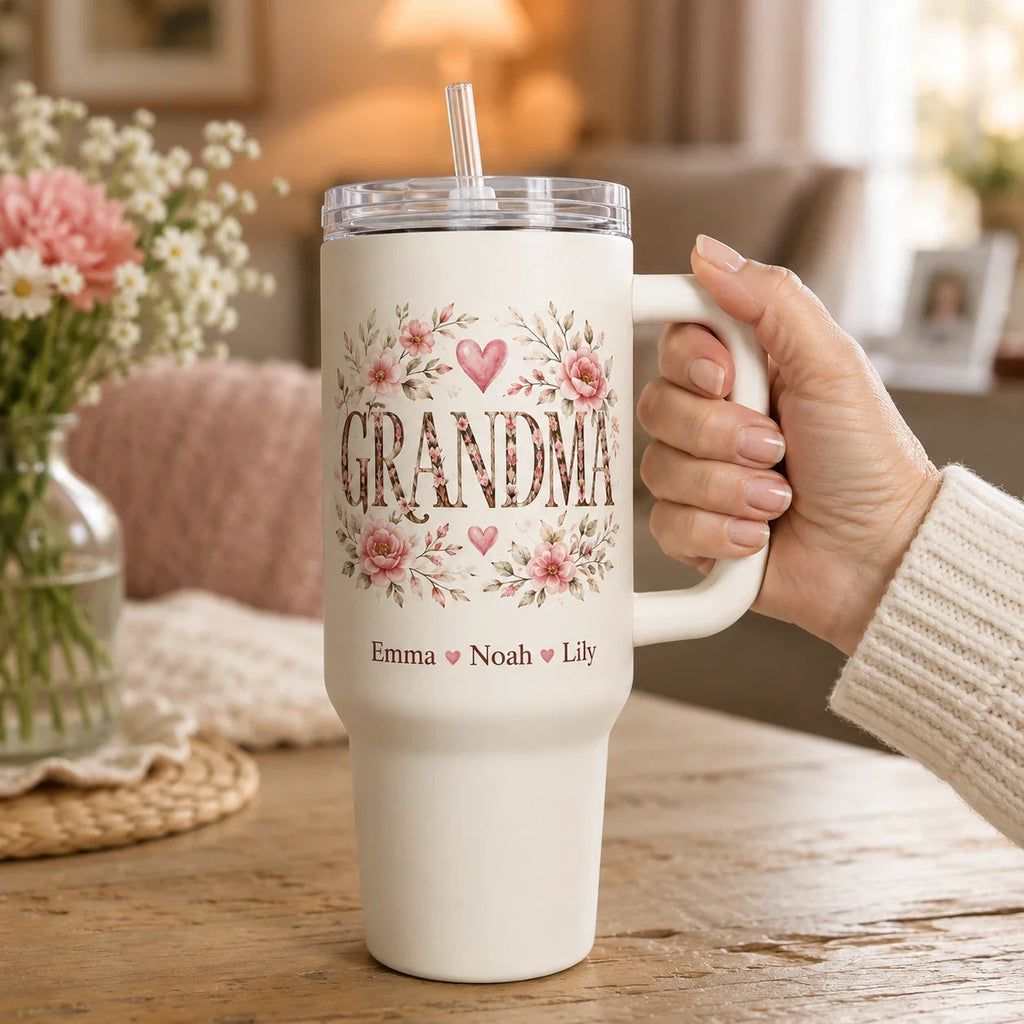 Personalized grandma tumbler with grandkids names for a birthday gift