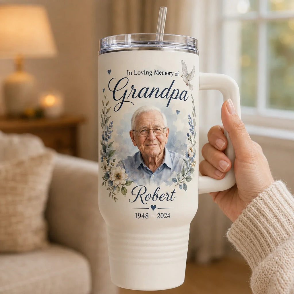 Personalized Grandpa memorial tumbler with photo, name, and date