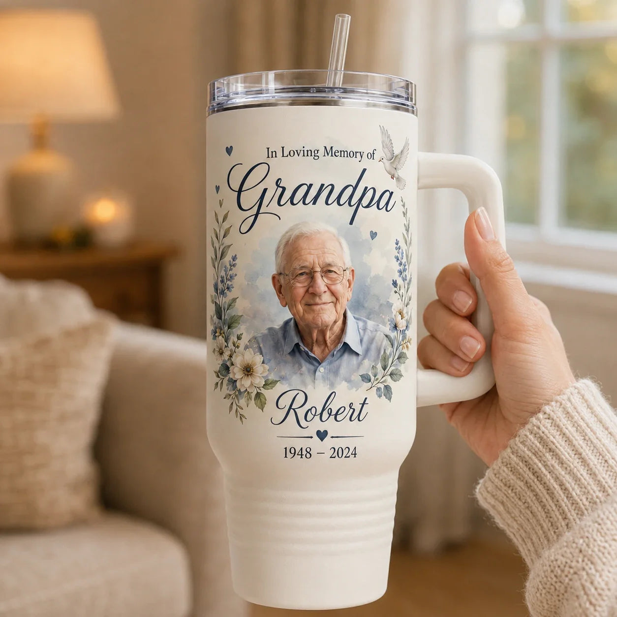 Personalized Grandpa memorial tumbler with photo, name, and date