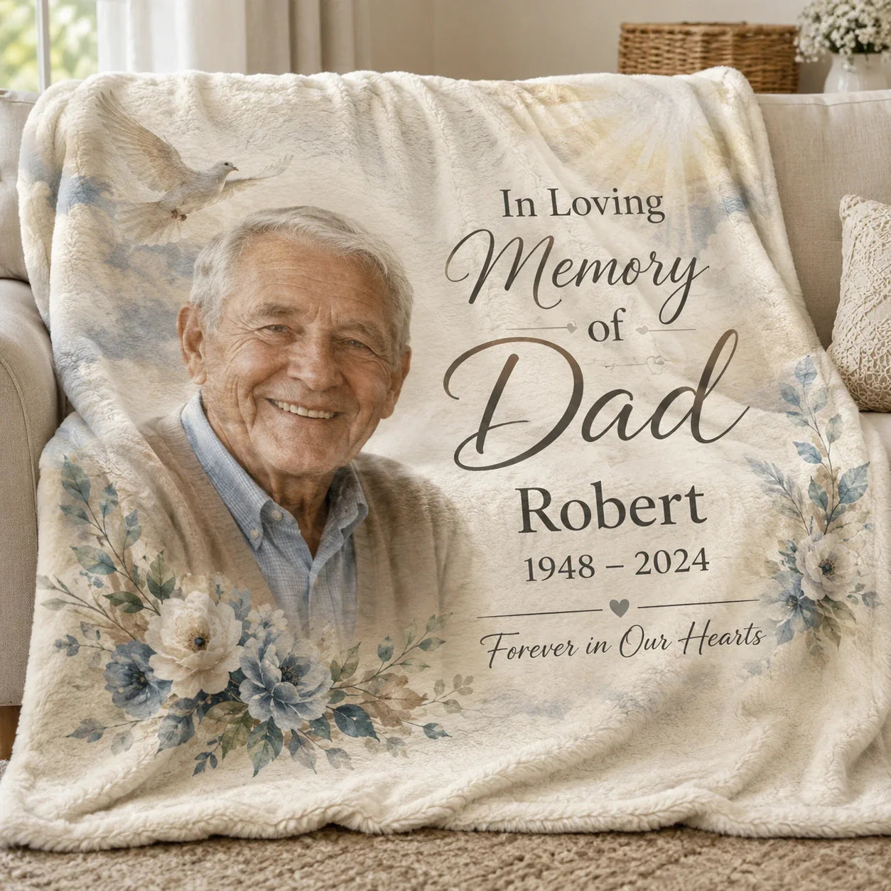 Custom memorial blanket honoring Dad with a cherished photo