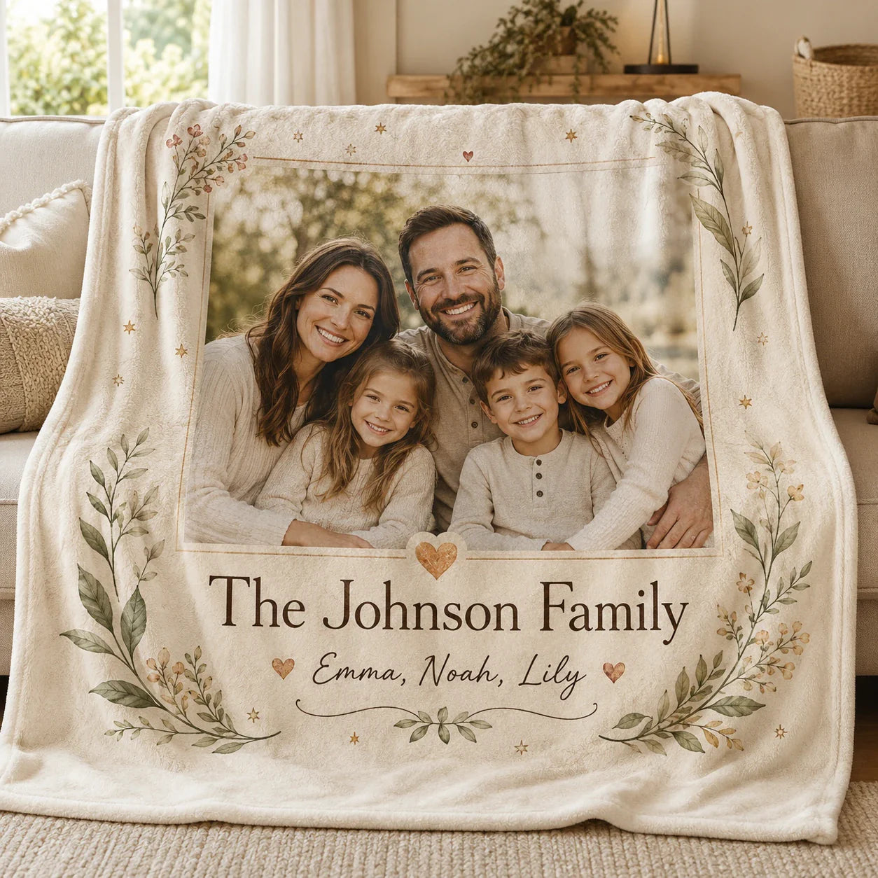 Custom family blanket featuring a photo and names
