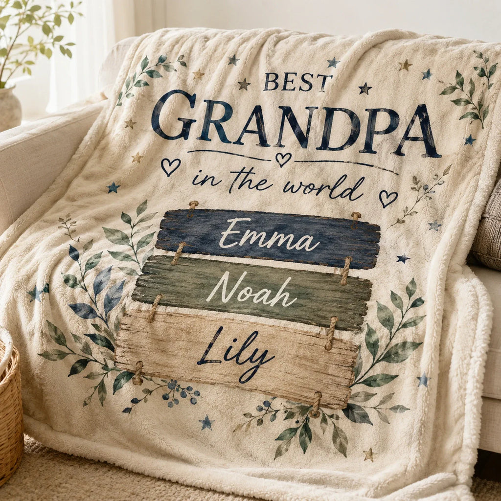 Personalized grandpa blanket with grandkids names for a birthday gift