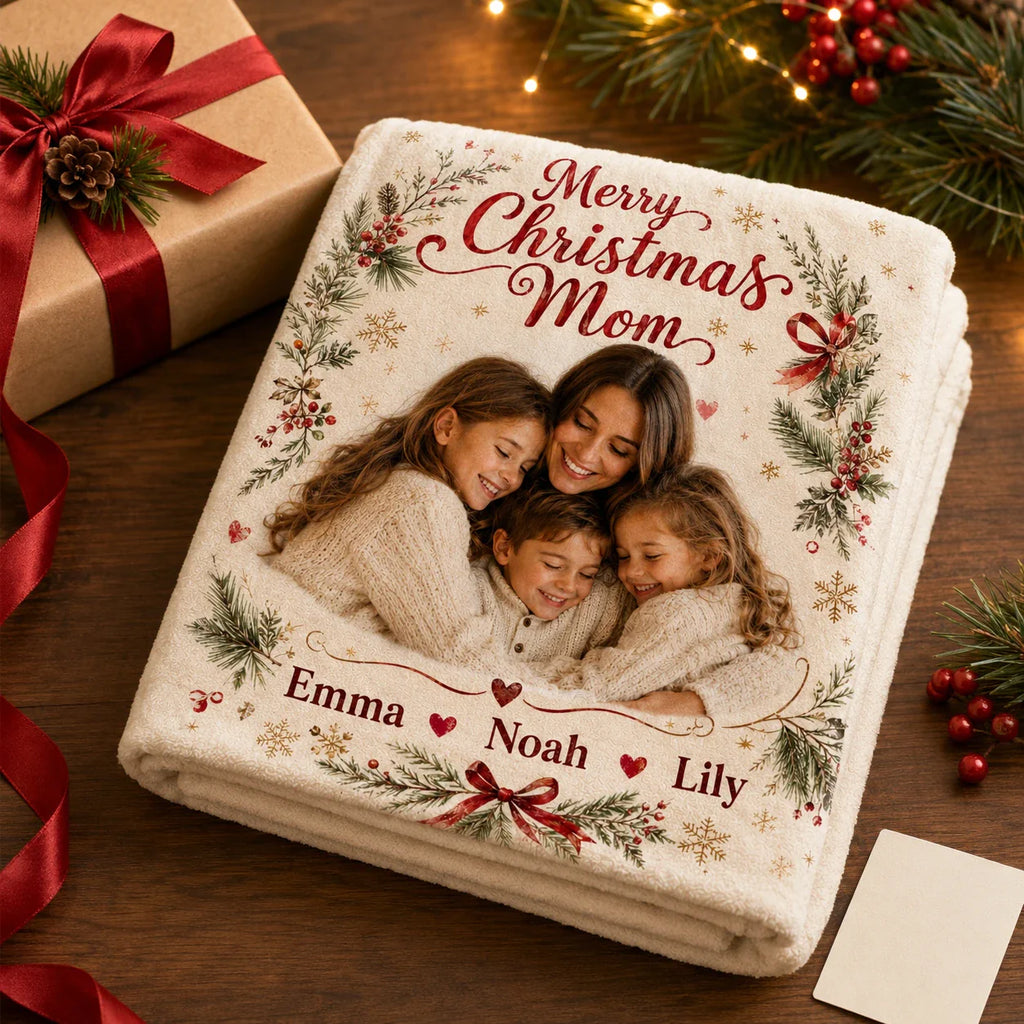 Personalized family blanket gift for Mom with photo and names