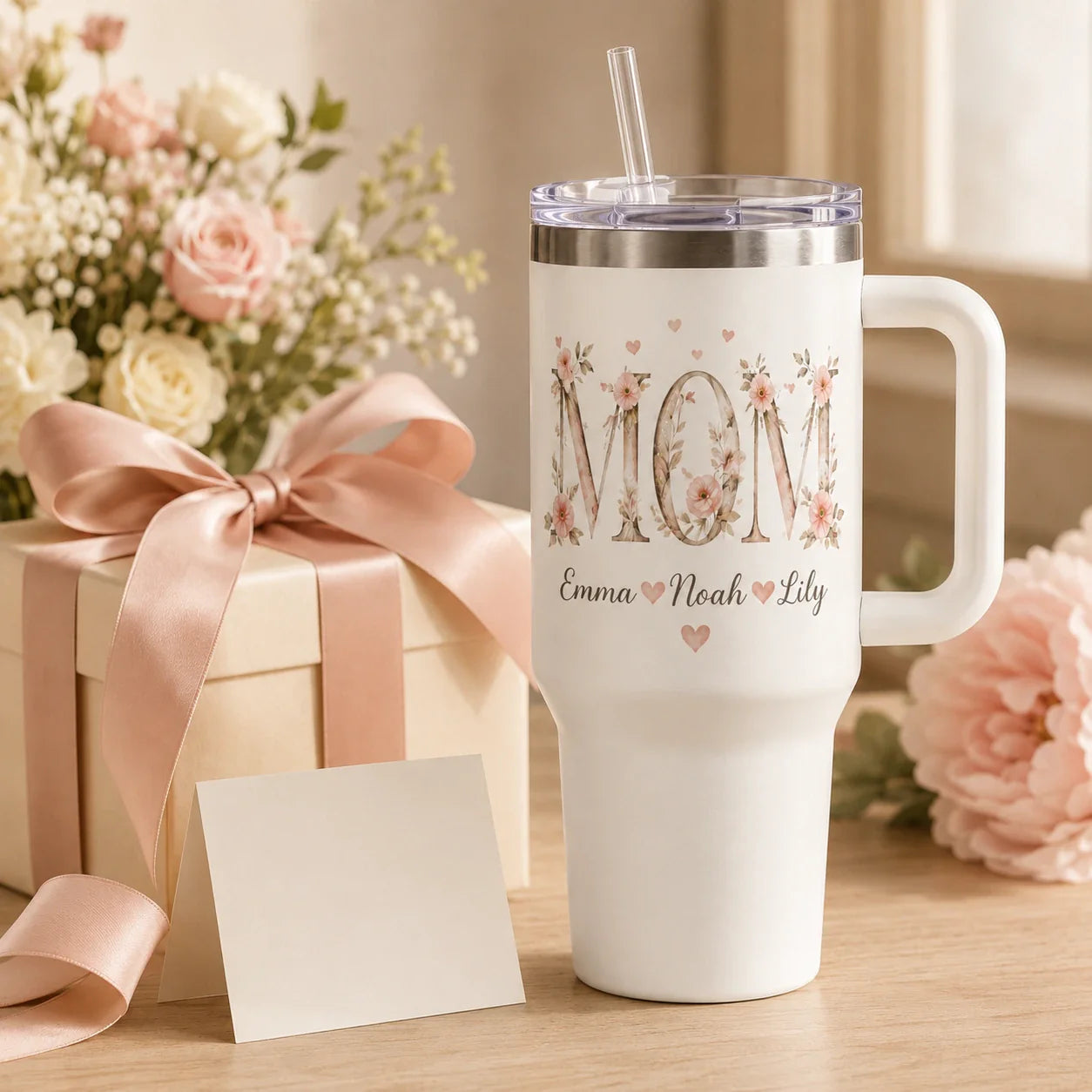 Personalized mom tumbler with kids names for a birthday gift